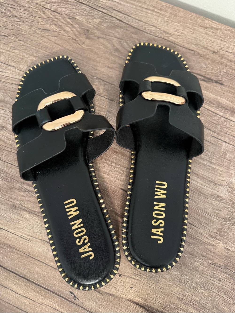 Jason Wu Black Slide Sandals with Gold Buckle & Stud Trim